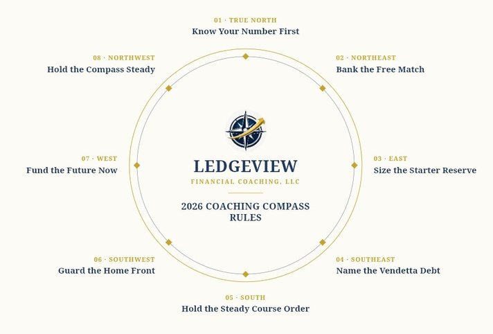 The Steady Course Coaching Compass: eight rules arranged around a compass — 01 True North, Know Your Number First; 02 Northeast, Bank the Free Match; 03 East, Size the Starter Reserve; 04 Southeast, Name the Vendetta Debt; 05 South, Hold the Steady Course Order; 06 Southwest, Guard the Home Front; 07 West, Fund the Future Now; 08 Northwest, Hold the Compass Steady.